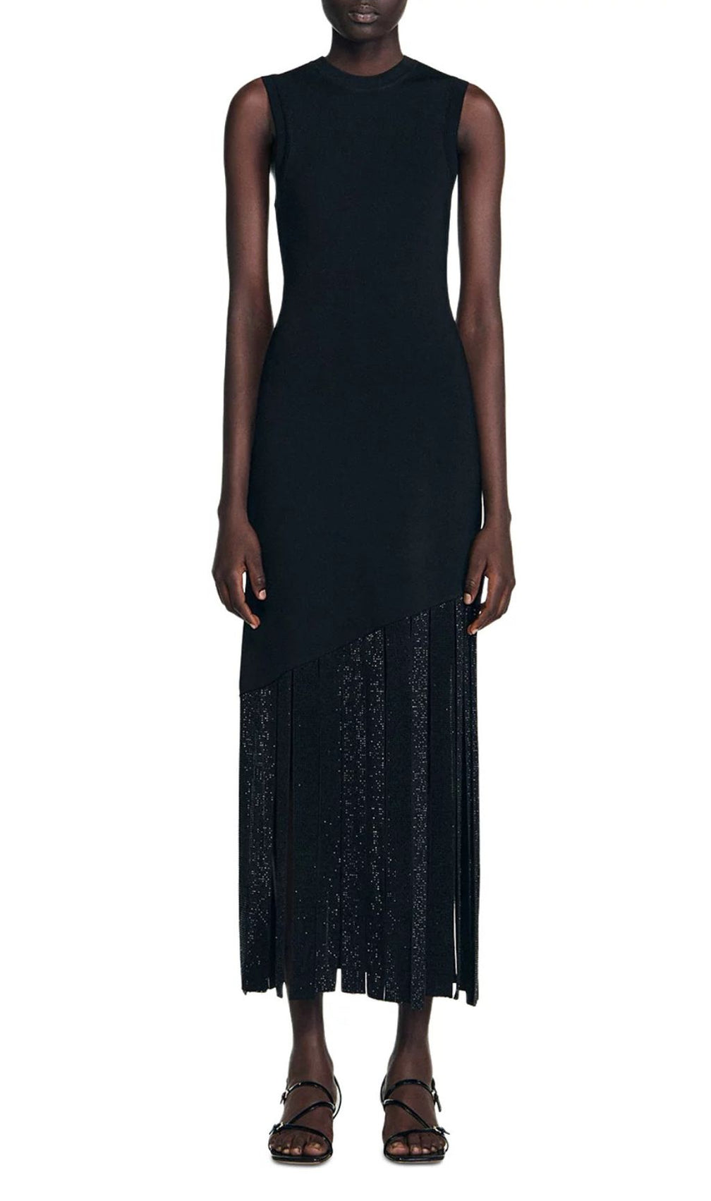 Glamorous Black Sleeveless Maxi Dress with Rhinestone Fringe Hem