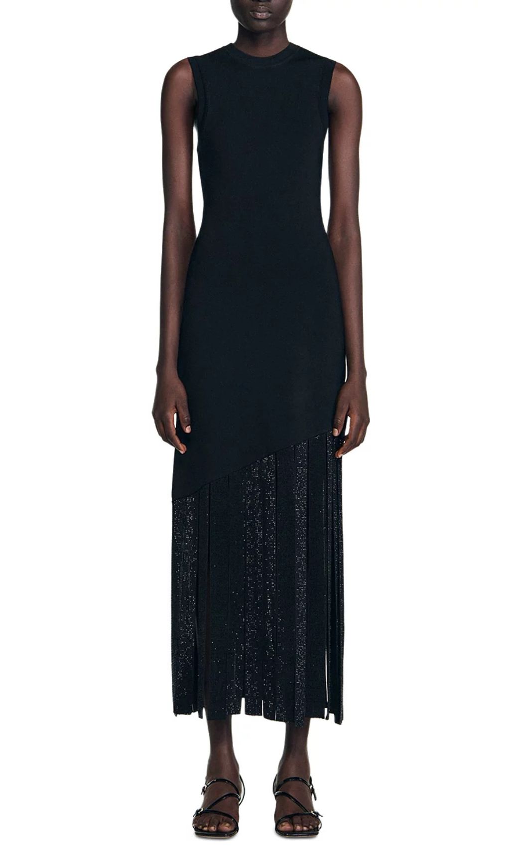 Glamorous Black Sleeveless Maxi Dress with Rhinestone Fringe Hem