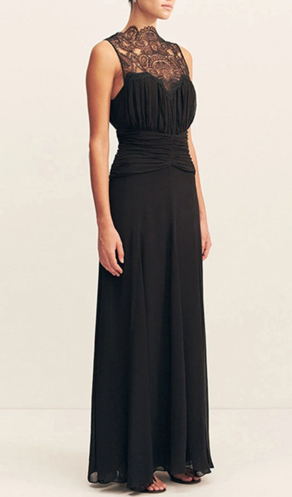 Iona Elegant Black Lace Ruched Sleeveless Maxi Gown