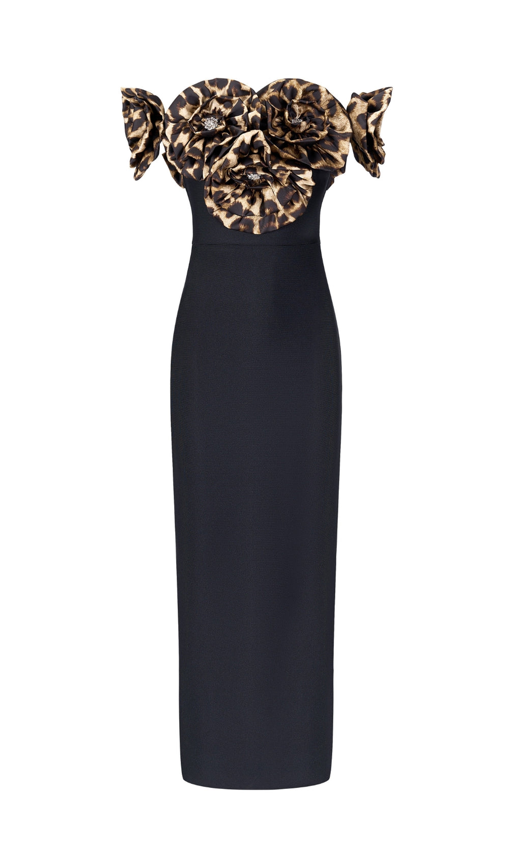 Dorona Black Leopard Flower Bandage Maxi Dress