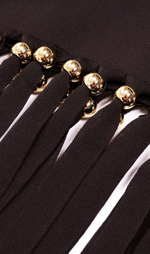 Chic Black Sleeveless Knit Midi Dress with Gilded Tassel Fringe