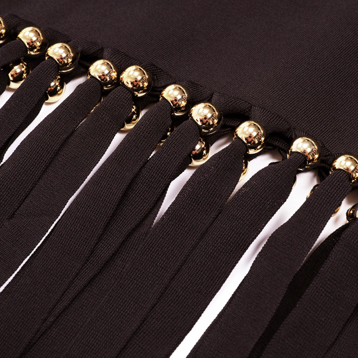Chic Black Sleeveless Knit Midi Dress with Gilded Tassel Fringe