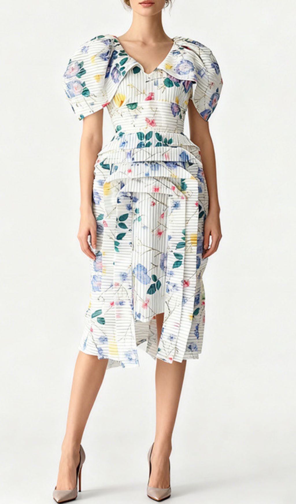 Janis Chic Floral Stripe Puff Sleeve Midi Dress - Romantic & Elegant