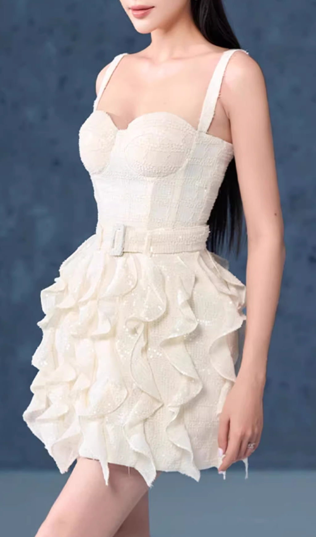 Elena White Strappy Sequin Ruffle Mini Dress