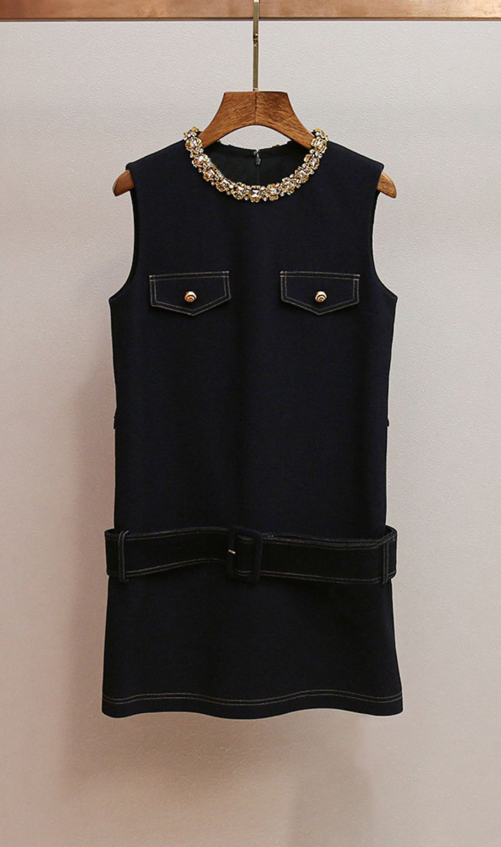 Hatsu Dark Blue Embellished Mini Dress with Diamante Collar & Belt