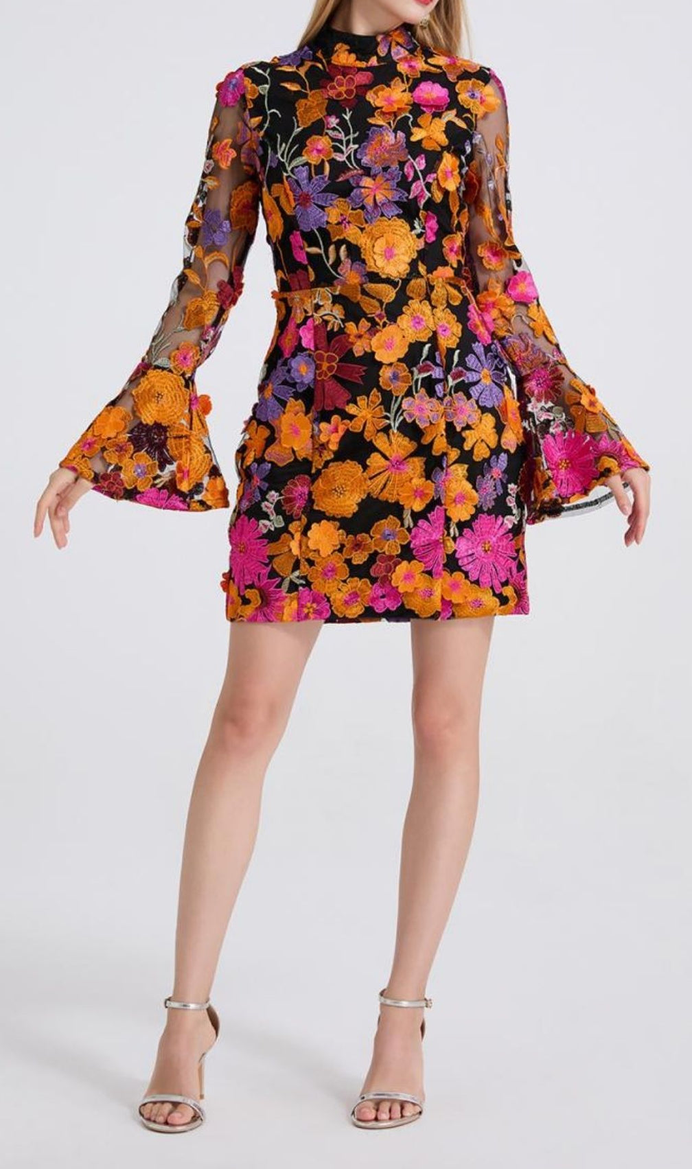 Donelle Vibrant Floral Embroidered Bell Sleeve Mini Dress