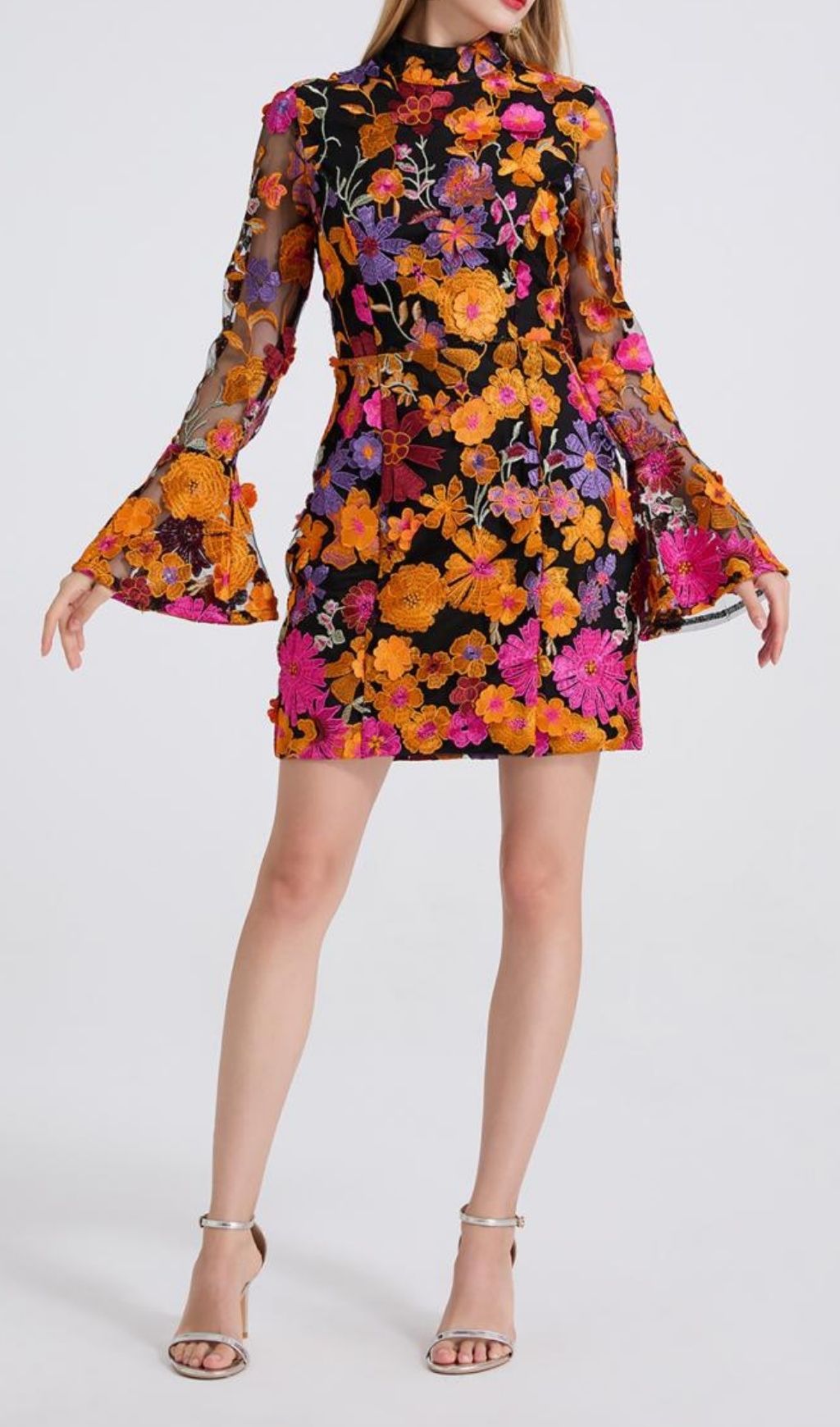 Donelle Vibrant Floral Embroidered Bell Sleeve Mini Dress
