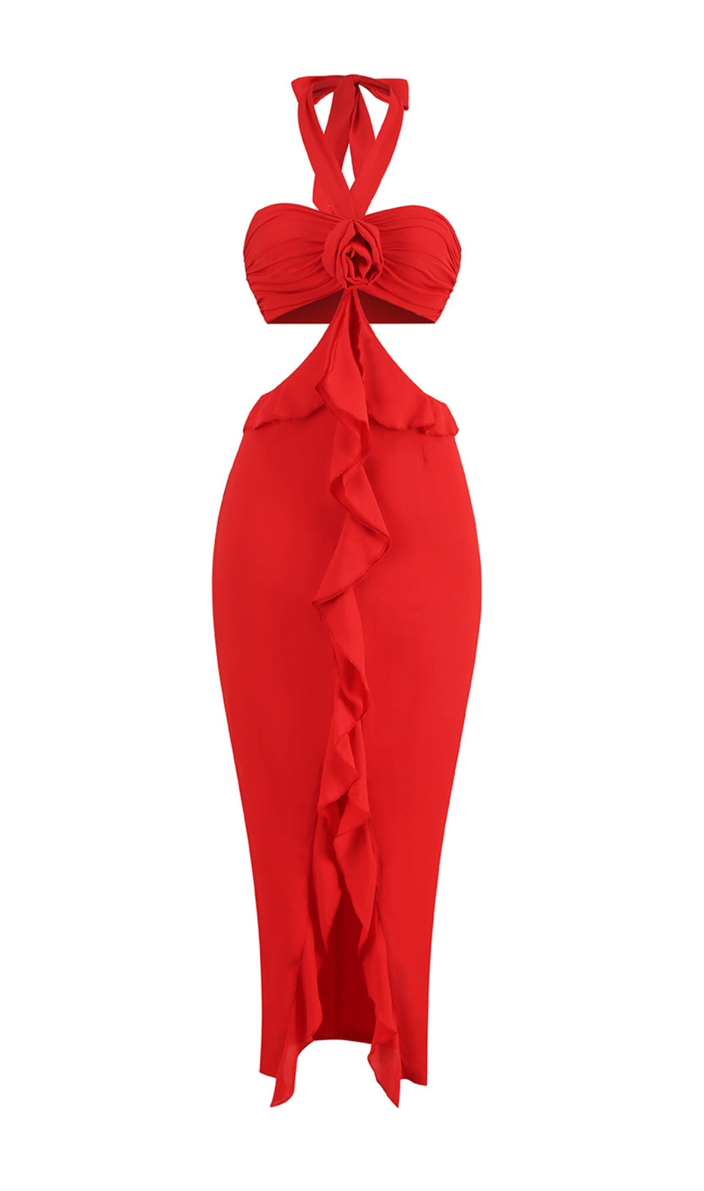 Buddug Red Halter Flower Cutout Maxi Dress