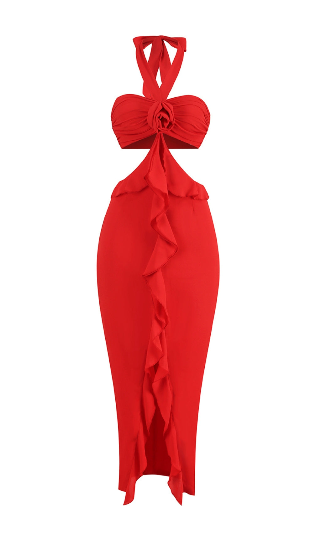 Buddug Red Halter Flower Cutout Maxi Dress