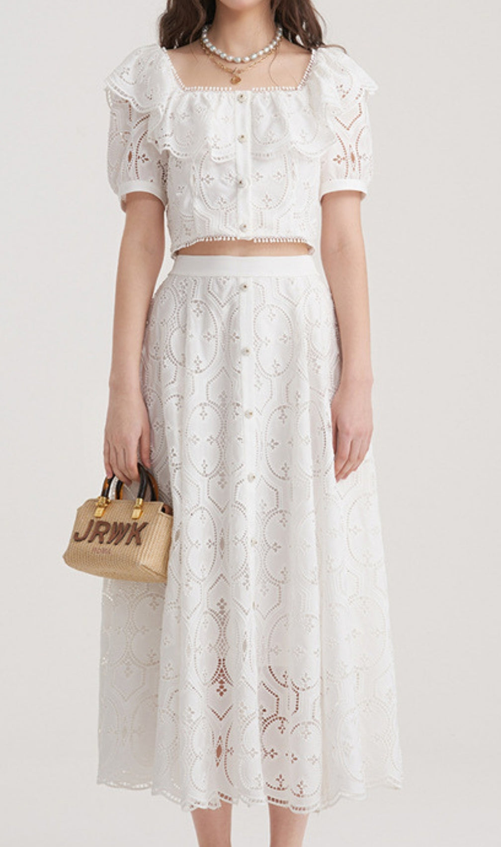 Einav White Embroidery Skirt Set
