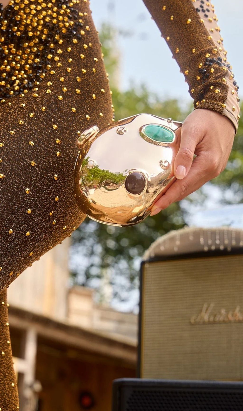 Bavelyn Dazzling Gemstone Clutch | Metallic Gold Statement Bag