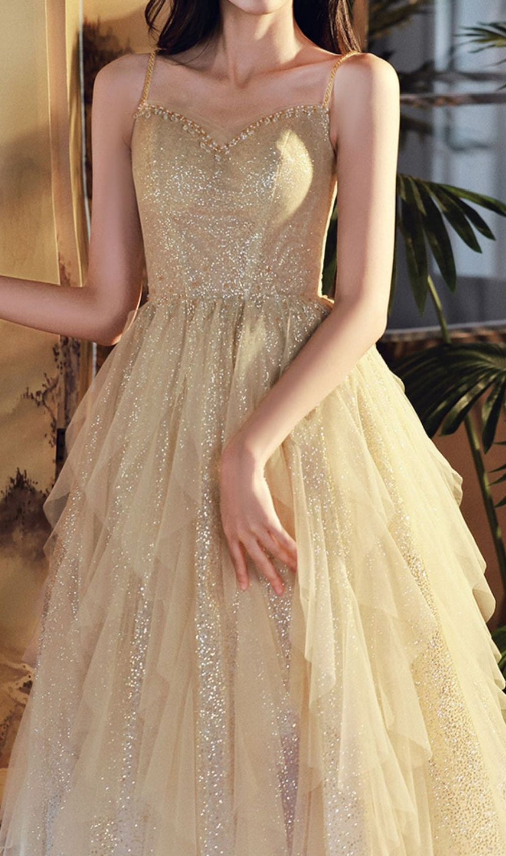 Chinara Champagne Mesh Bling Maxi Dress