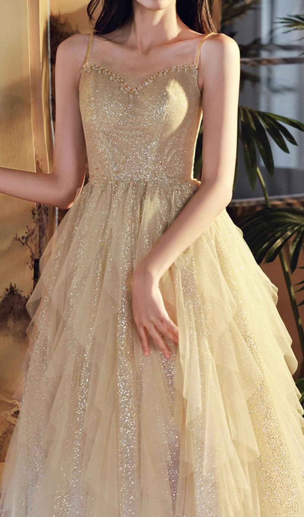 Chinara Champagne Mesh Bling Maxi Dress