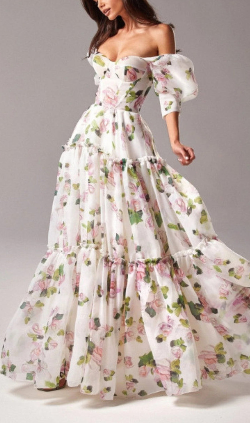 Off-The-Shoulder Floral Maxi Dress In White