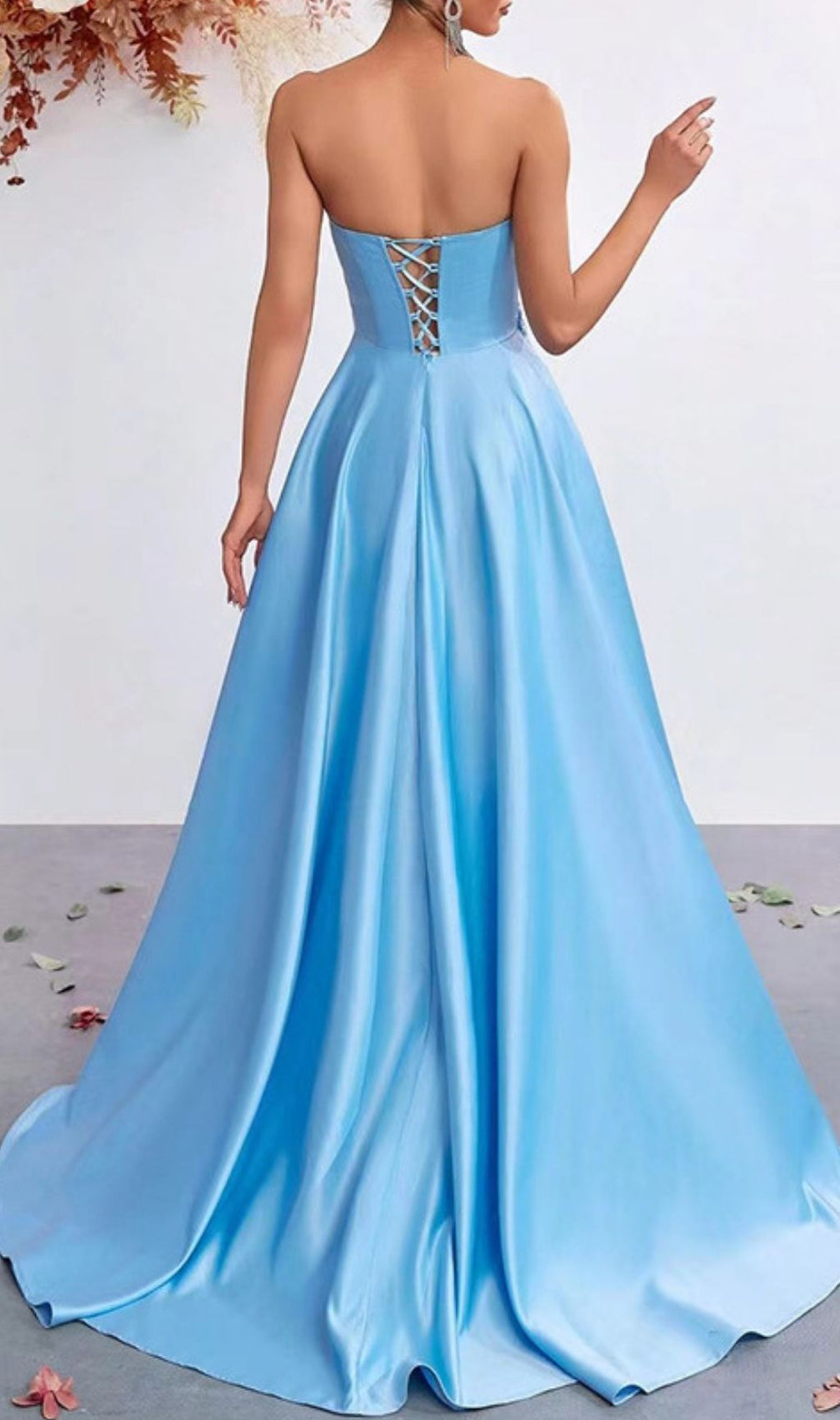 Kaiyo Azure Blue Strapless Sweetheart Maxi Gown with 3D Floral Appliqués & Thigh Slit