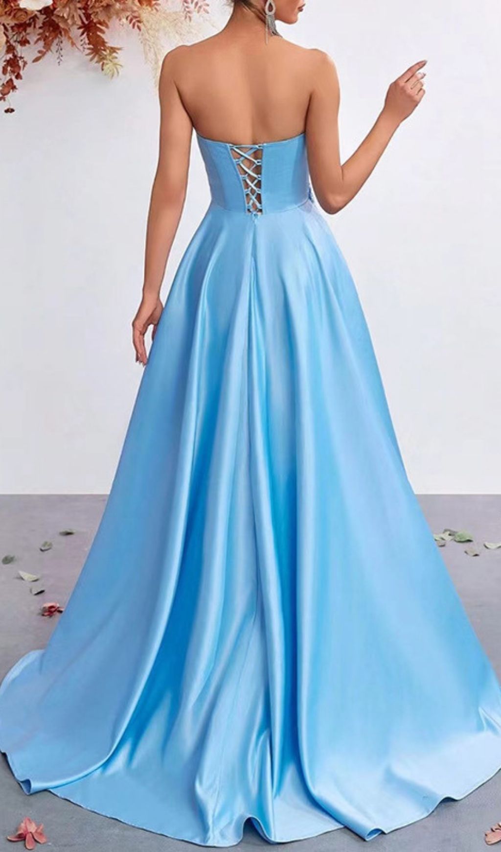 Kaiyo Azure Blue Strapless Sweetheart Maxi Gown with 3D Floral Appliqués & Thigh Slit