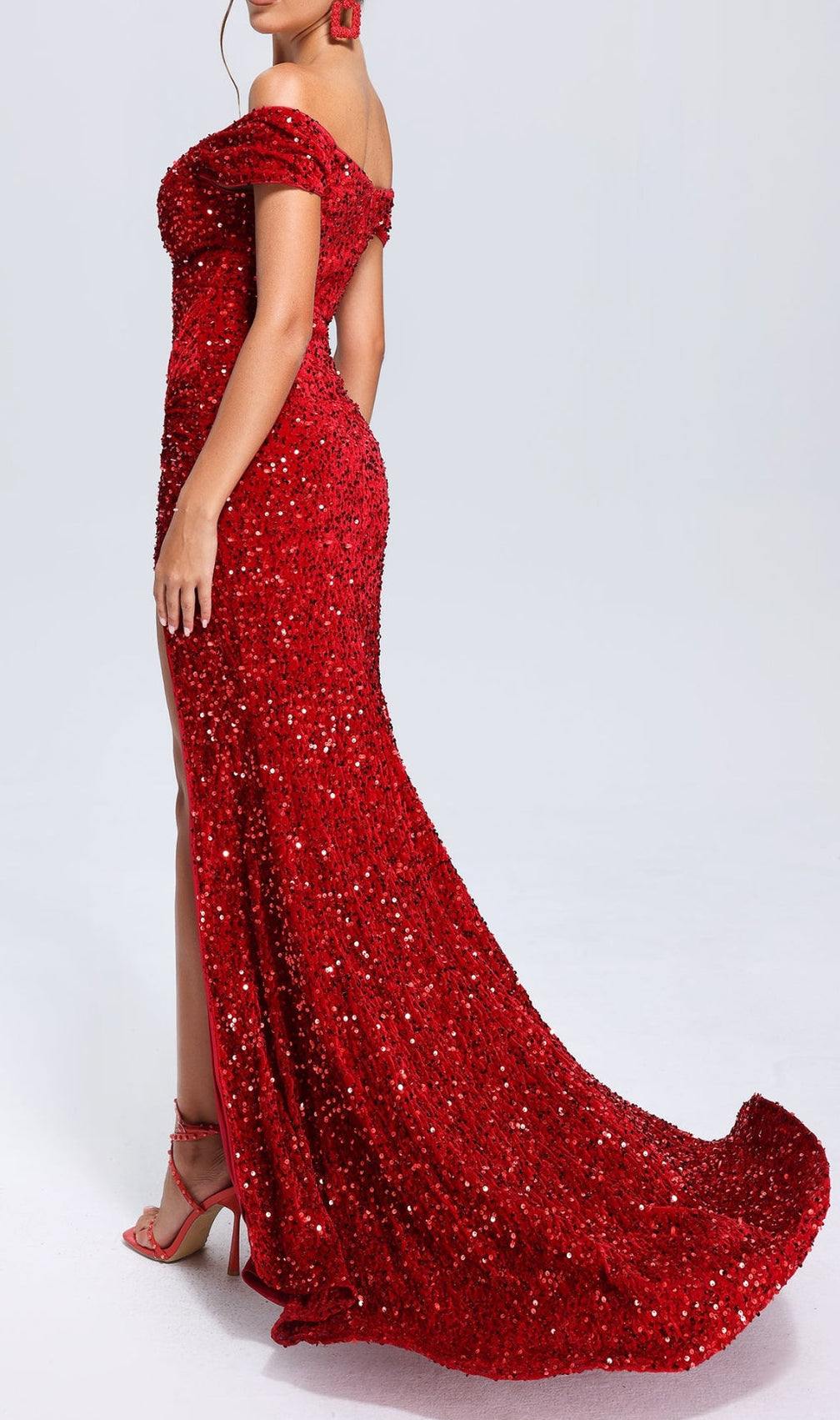 Argyle Red Off-Shoulder Sequin Dress