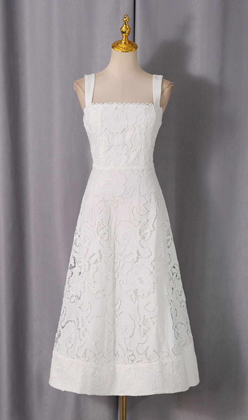Jenelle Elegant White Floral Embroidered Midi Dress | Strappy Square Neck for Summer Events