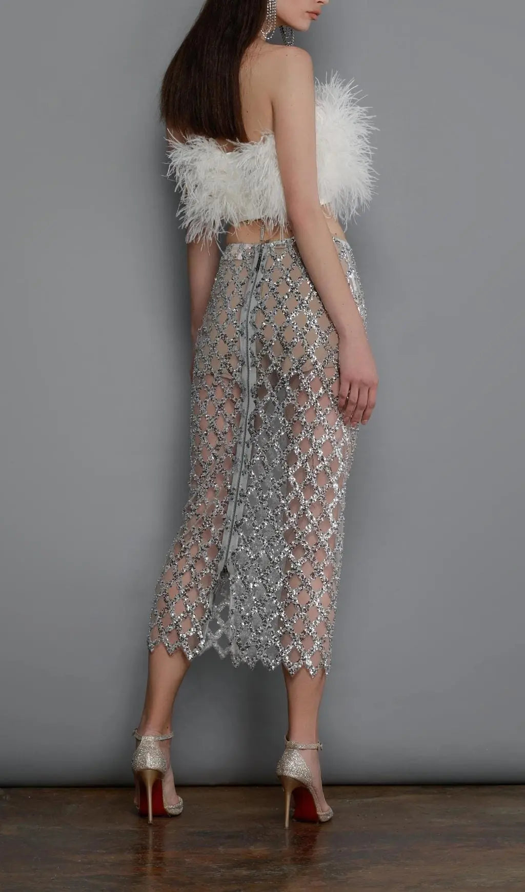 Feather Sequin Two Piece Set In White