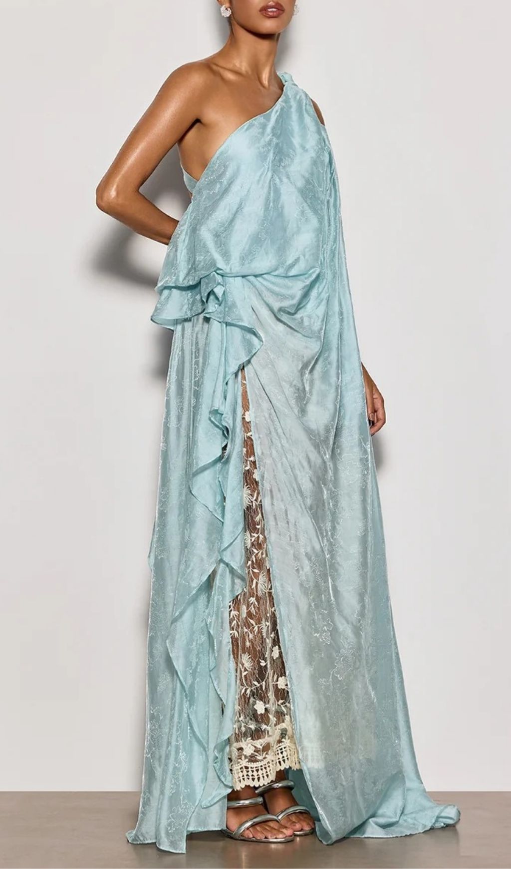 Czelaw One Shoulder Lace Maxi Dress In Icy Blue