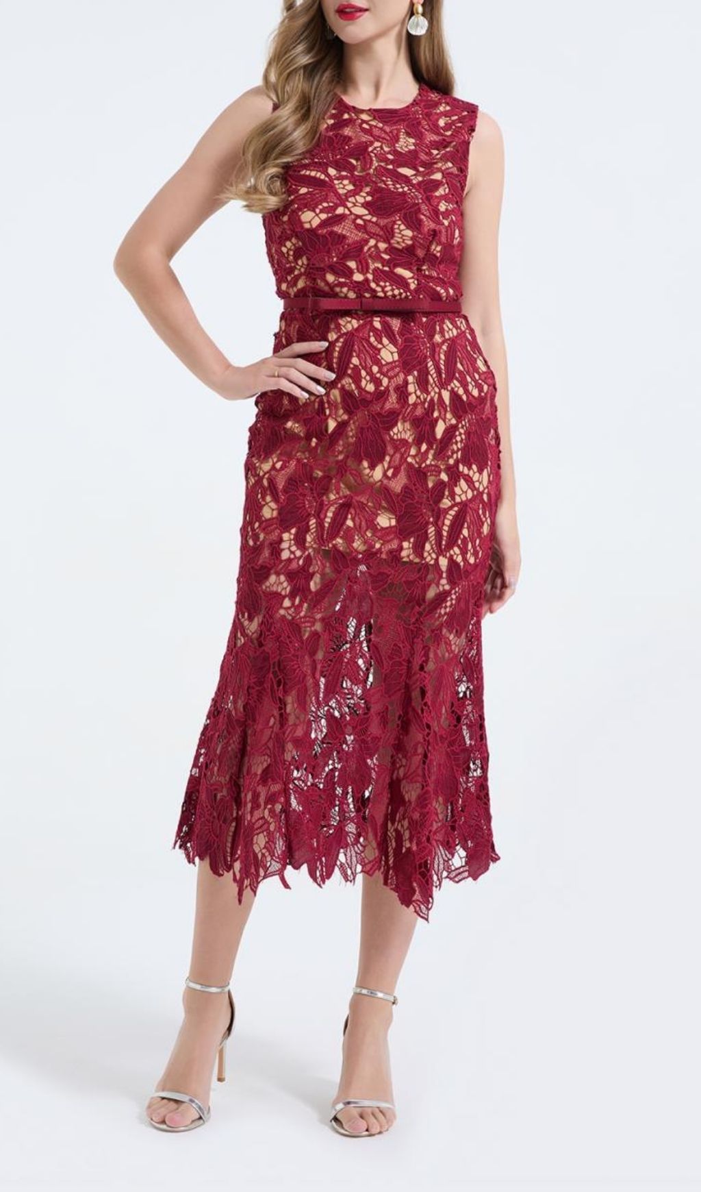 Mirexen Red Floral Cutout Midi Dress