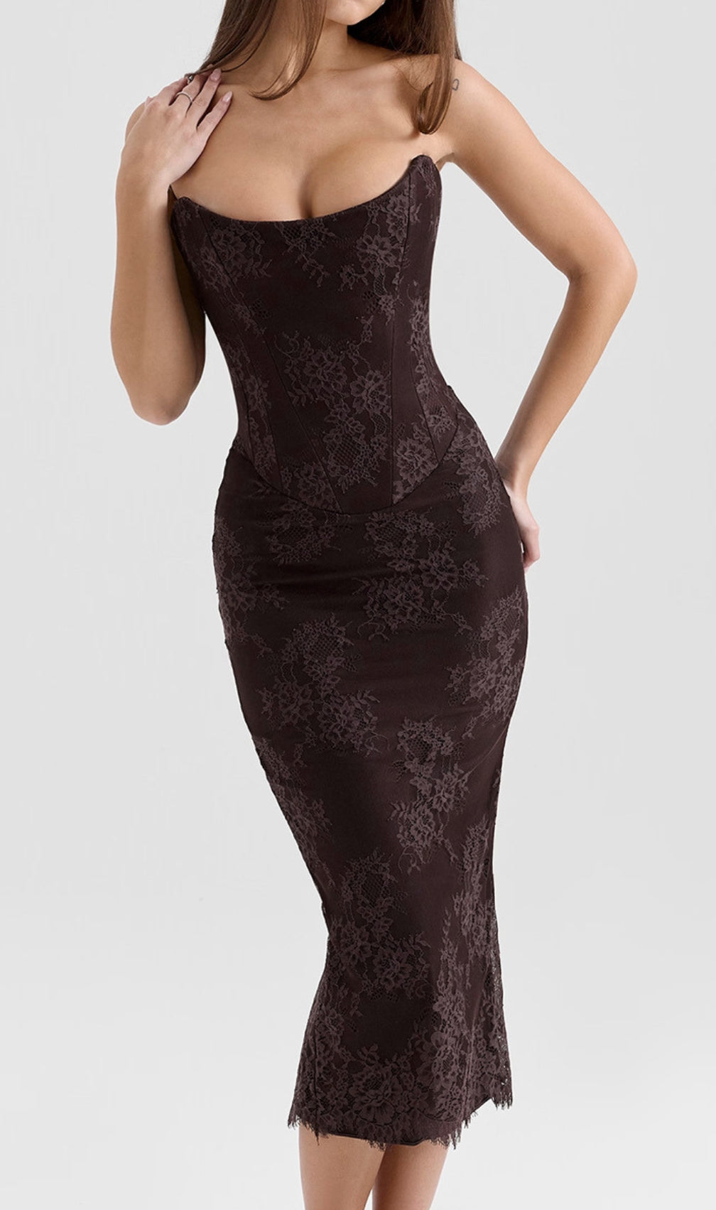 Deza Chocolate Lace Corset Midi Dress & Shawl