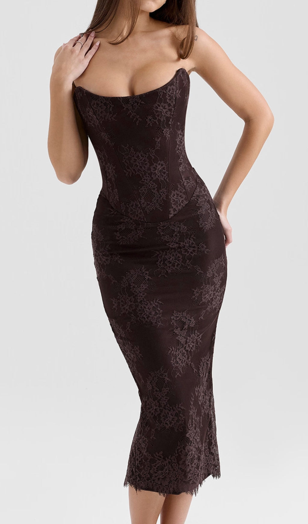 Deza Chocolate Lace Corset Midi Dress & Shawl