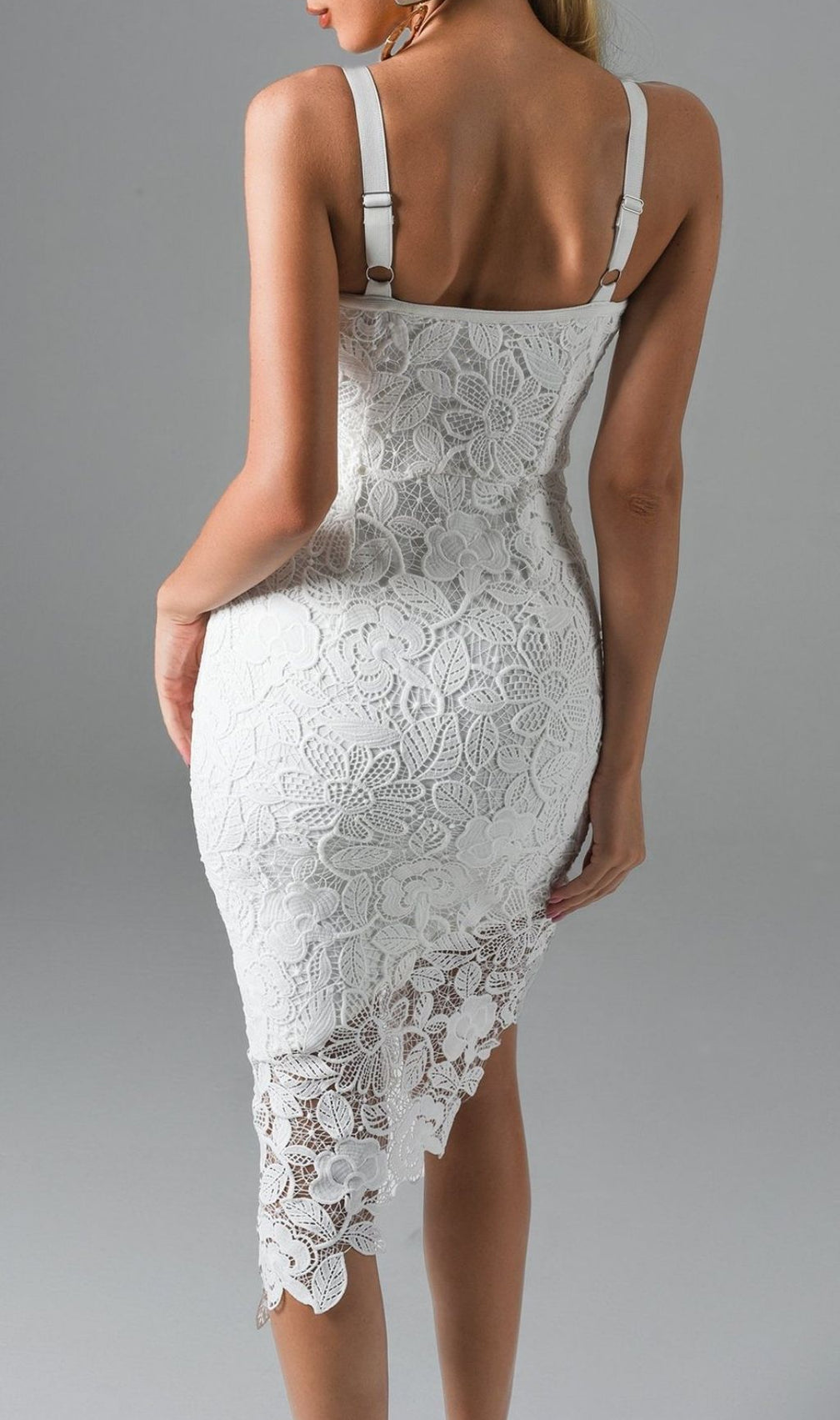 Dolores Elegant White Lace Asymmetrical Midi Dress | Strappy Sweetheart Neckline