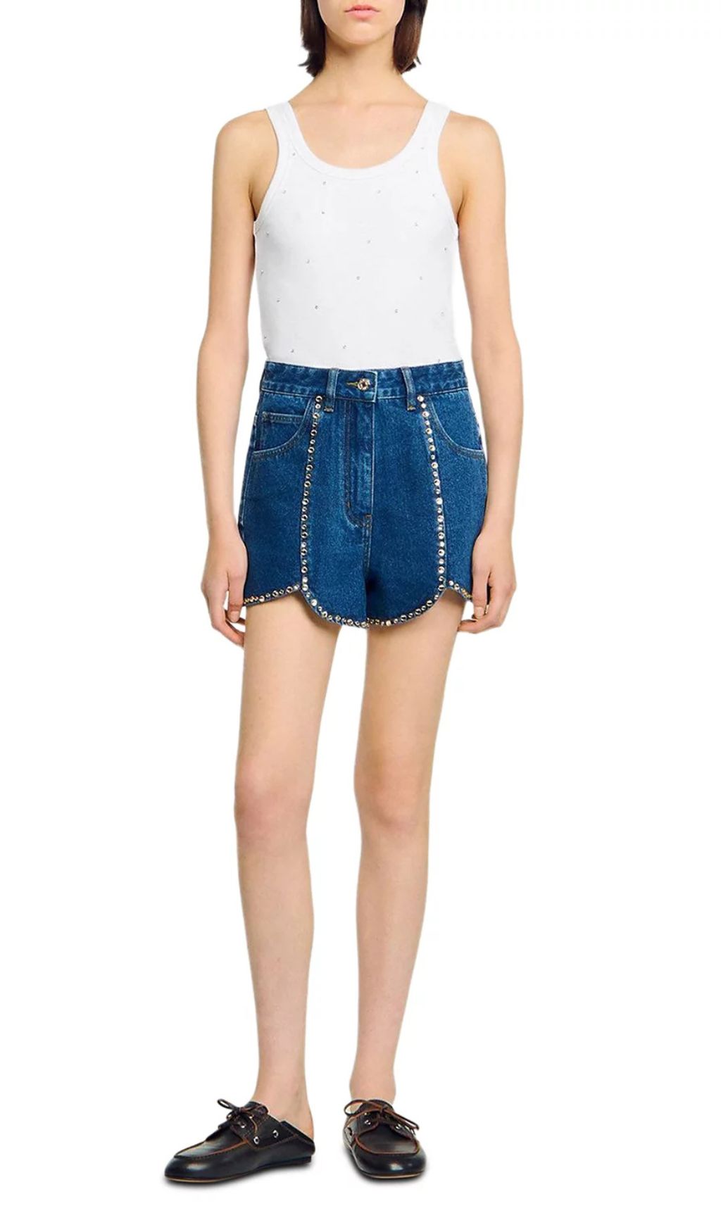 Sparkling Scalloped Hem Rhinestone Denim Shorts for Women