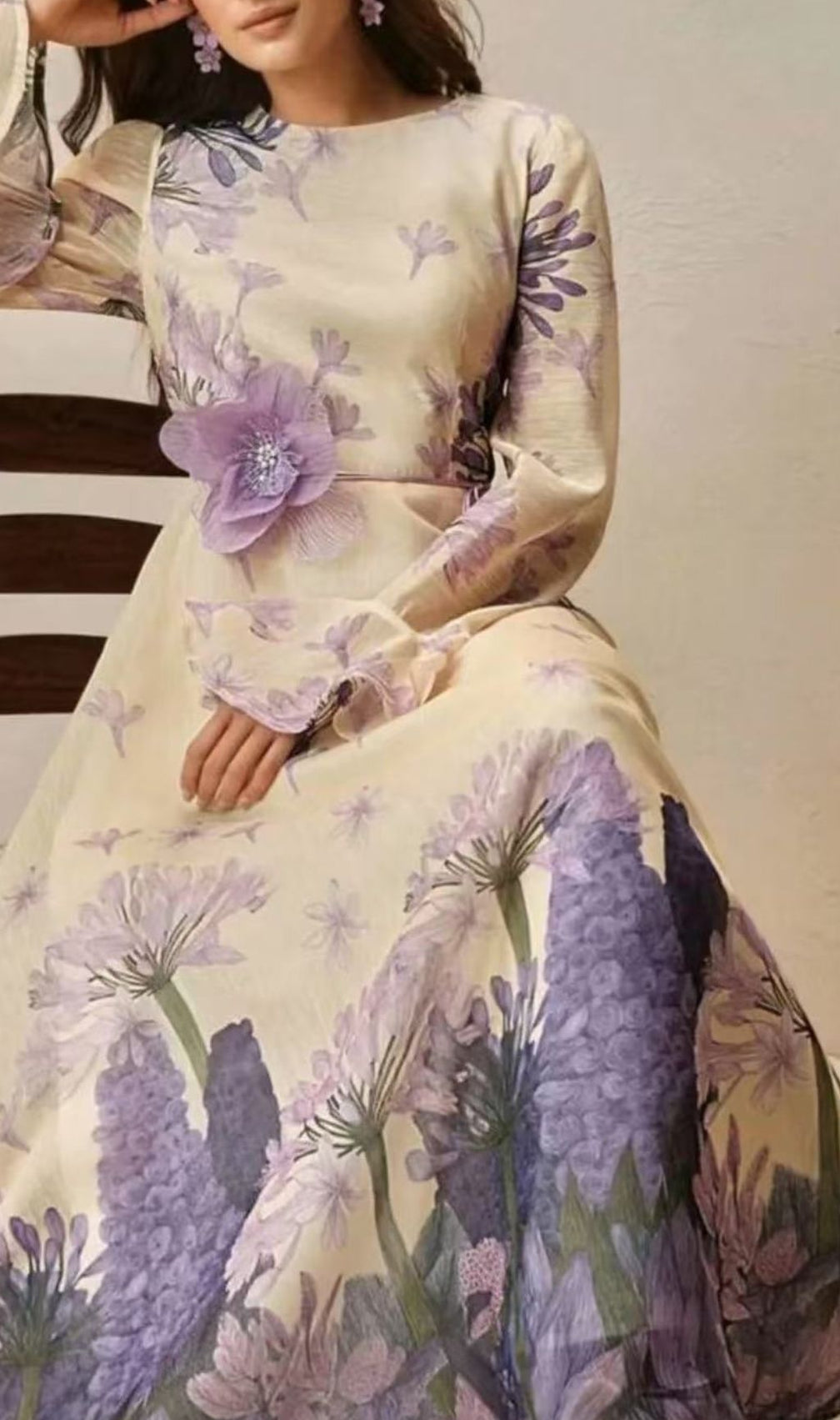 Isadore Elegant Floral Maxi Dress - Long Sleeve Chiffon Gown with Flower Belt