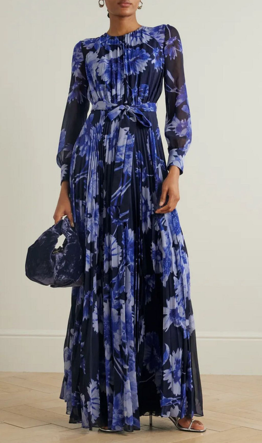 Hina Printed Pleated Long Sleeve Maxi Dress