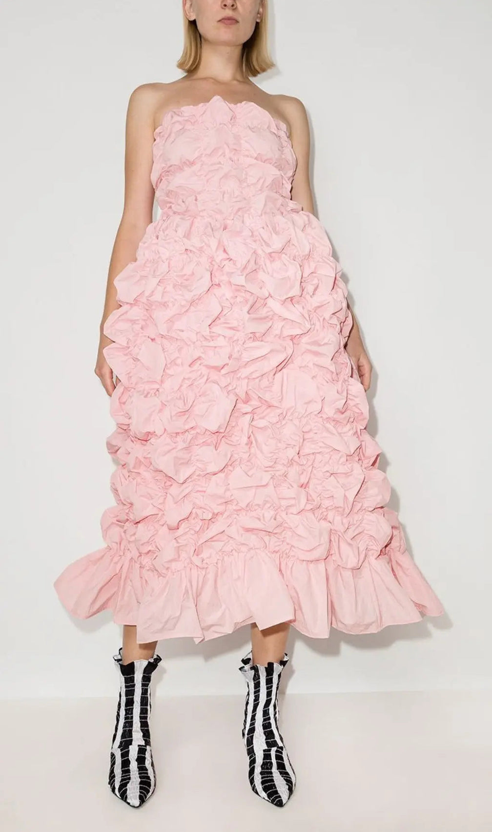 Folding Ruffled Midi Dress In Pink