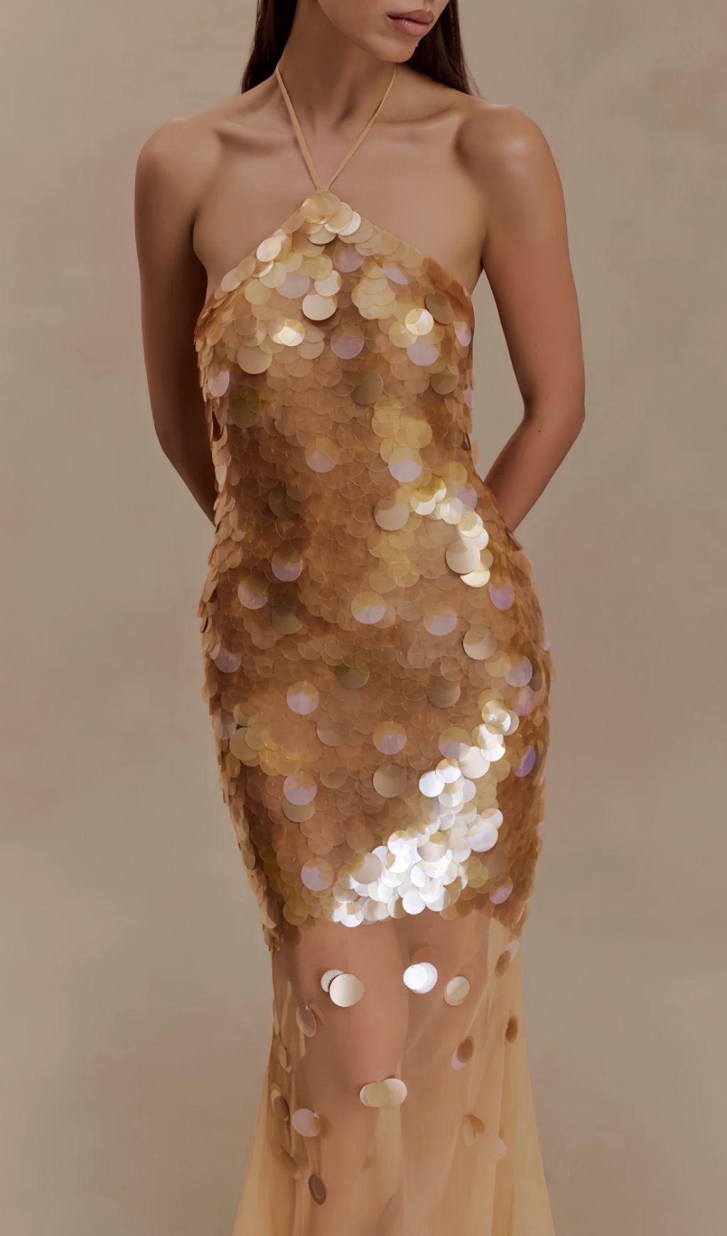 Radiant Gold Sequin Halter Maxi Dress - Sheer Mesh Gown for Glamorous Evenings