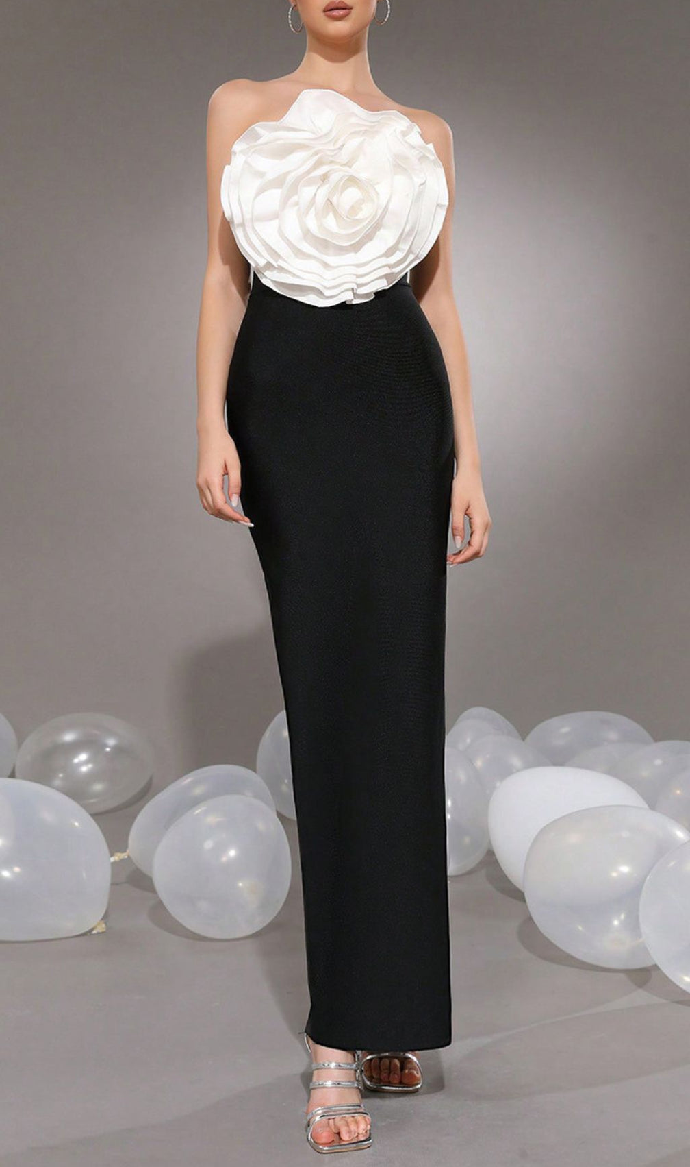 Hamo Strapless White Floral Bandage Maxi Gown - Elegant Black & White Evening Dress