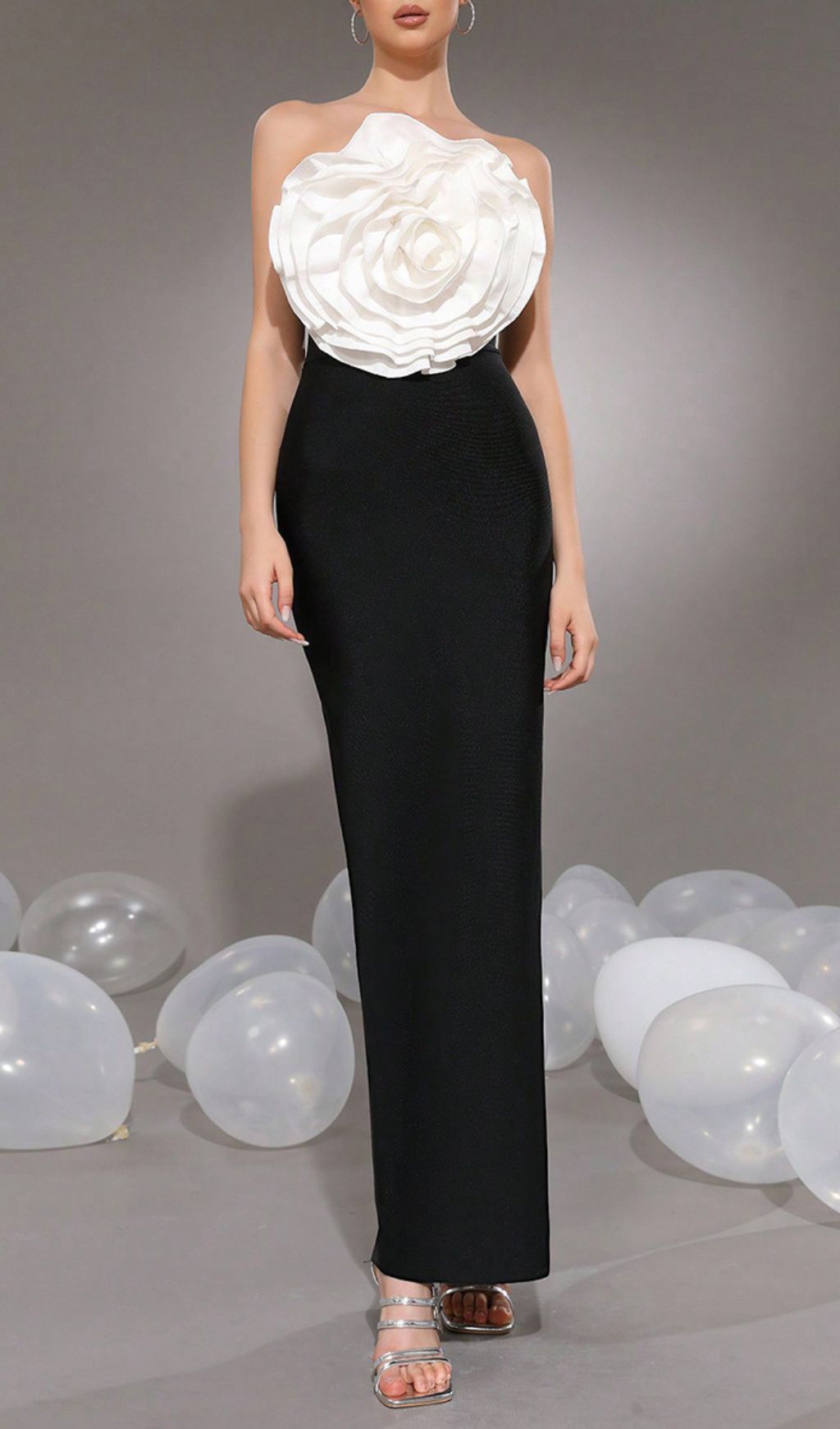 Hamo Strapless White Floral Bandage Maxi Gown - Elegant Black & White Evening Dress