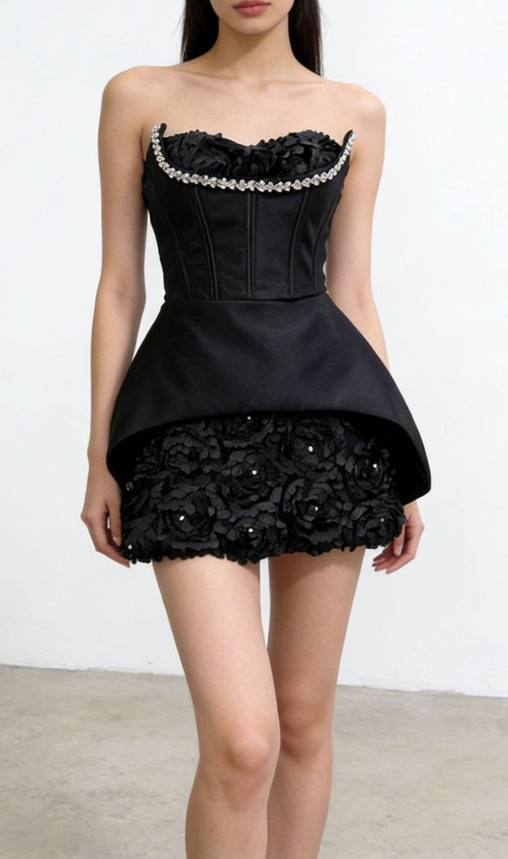 Kesley Strapless Black Floral Corset Mini Dress | Elegant Party & Cocktail Attire