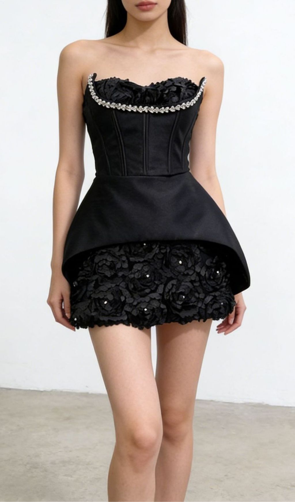 Kesley Strapless Black Floral Corset Mini Dress | Elegant Party & Cocktail Attire