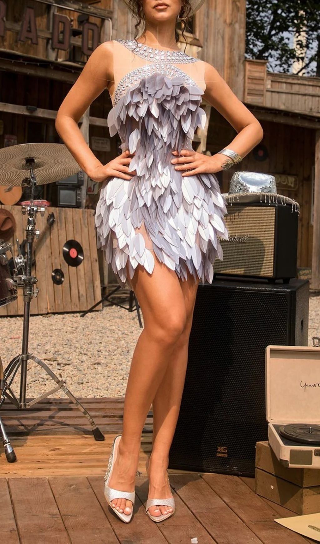 Quistel Dazzling Crystal Leaf Mini Dress | Glam Sleeveless Party Gown