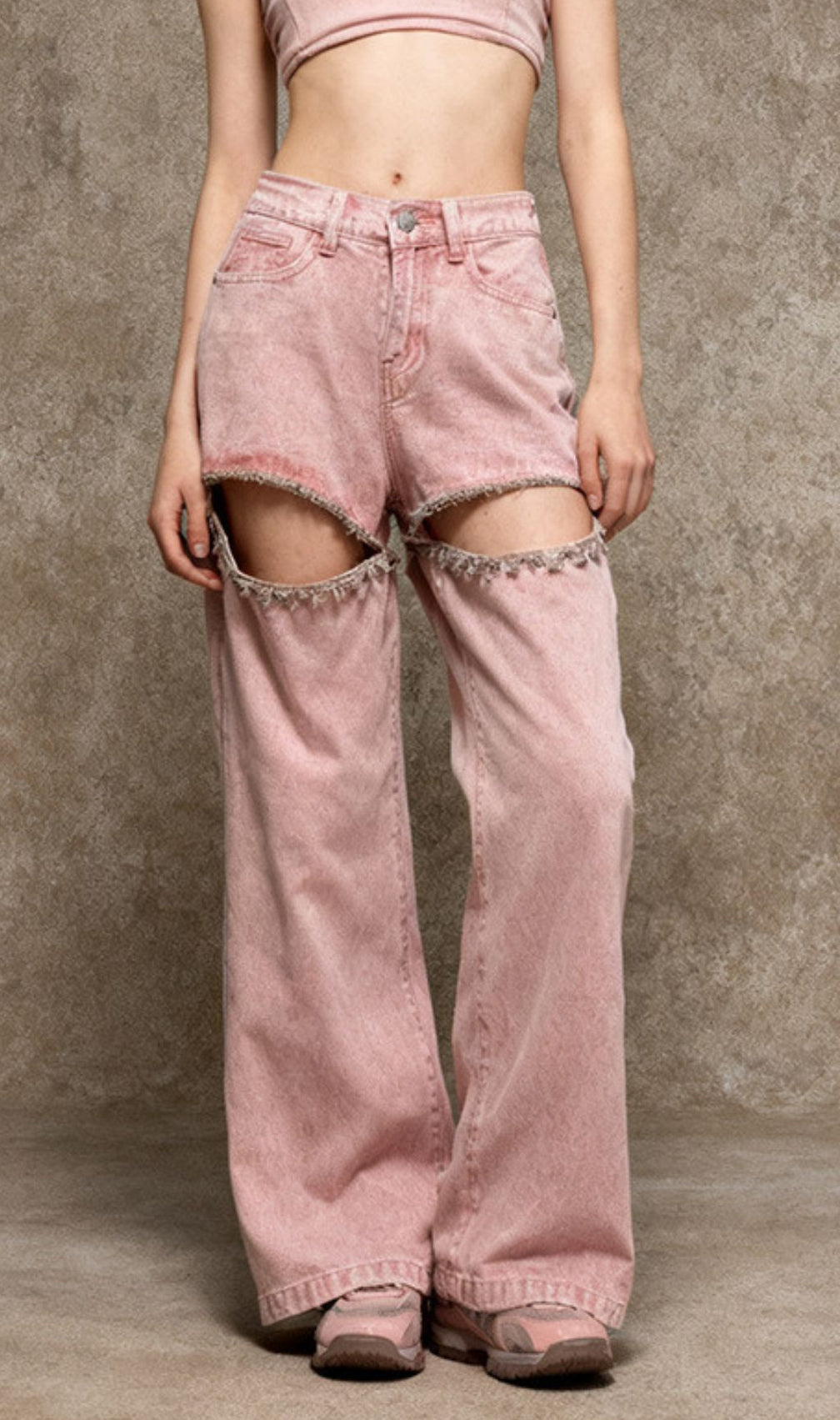 Itala Pink Acid Wash Diamante Cut-Out Wide Leg Jeans