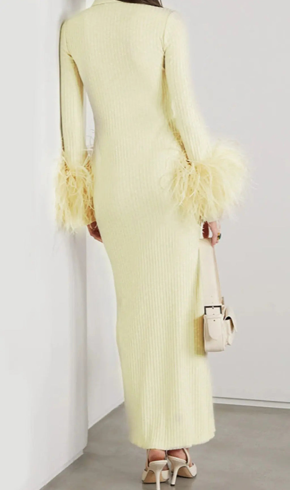 Yellow Long Sleeve Stand Collar Feather Maxi Dress