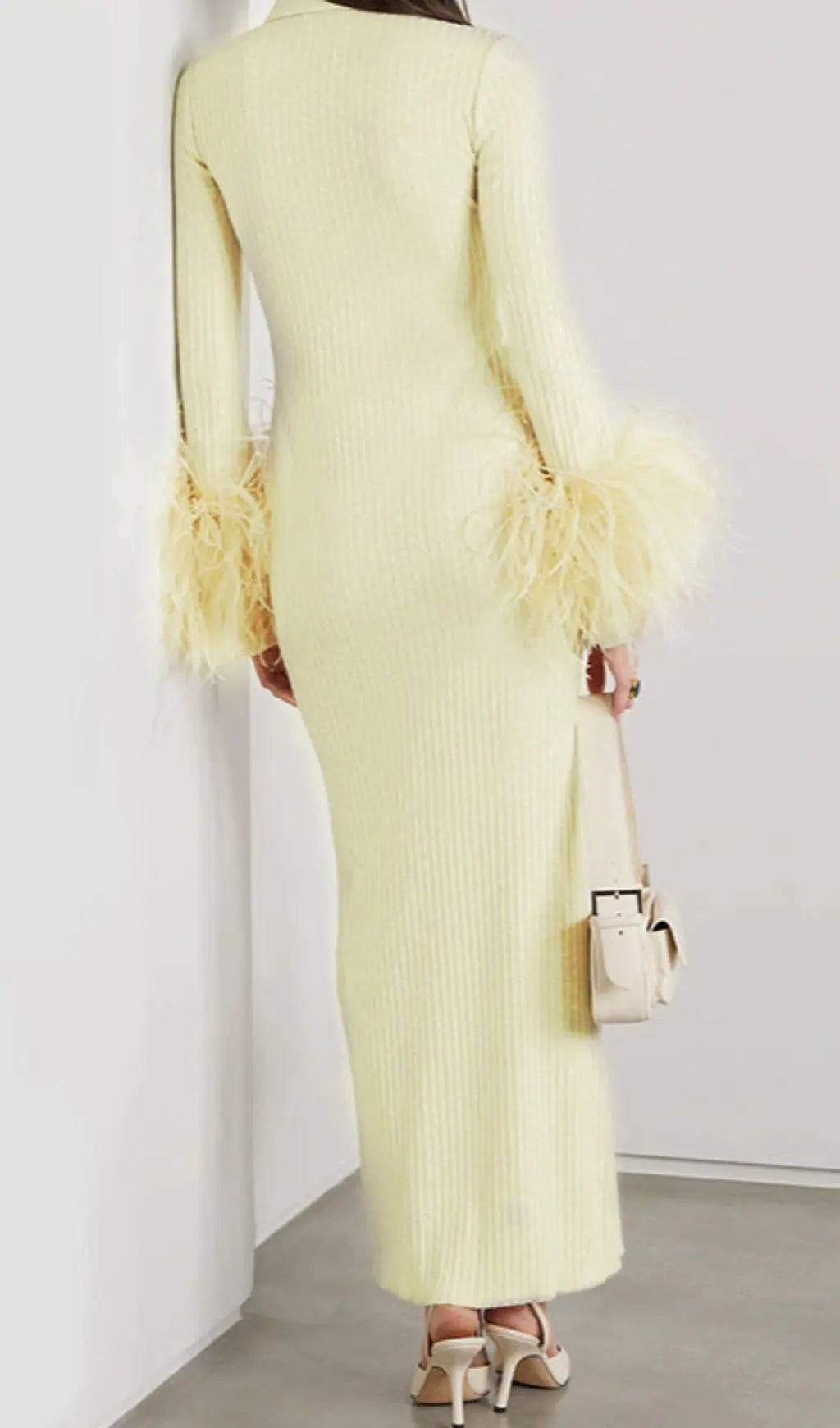 Yellow Long Sleeve Stand Collar Feather Maxi Dress