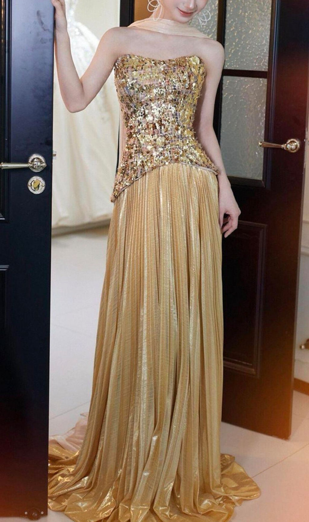 Kriti Gold Strapless Pleated Maxi Dress