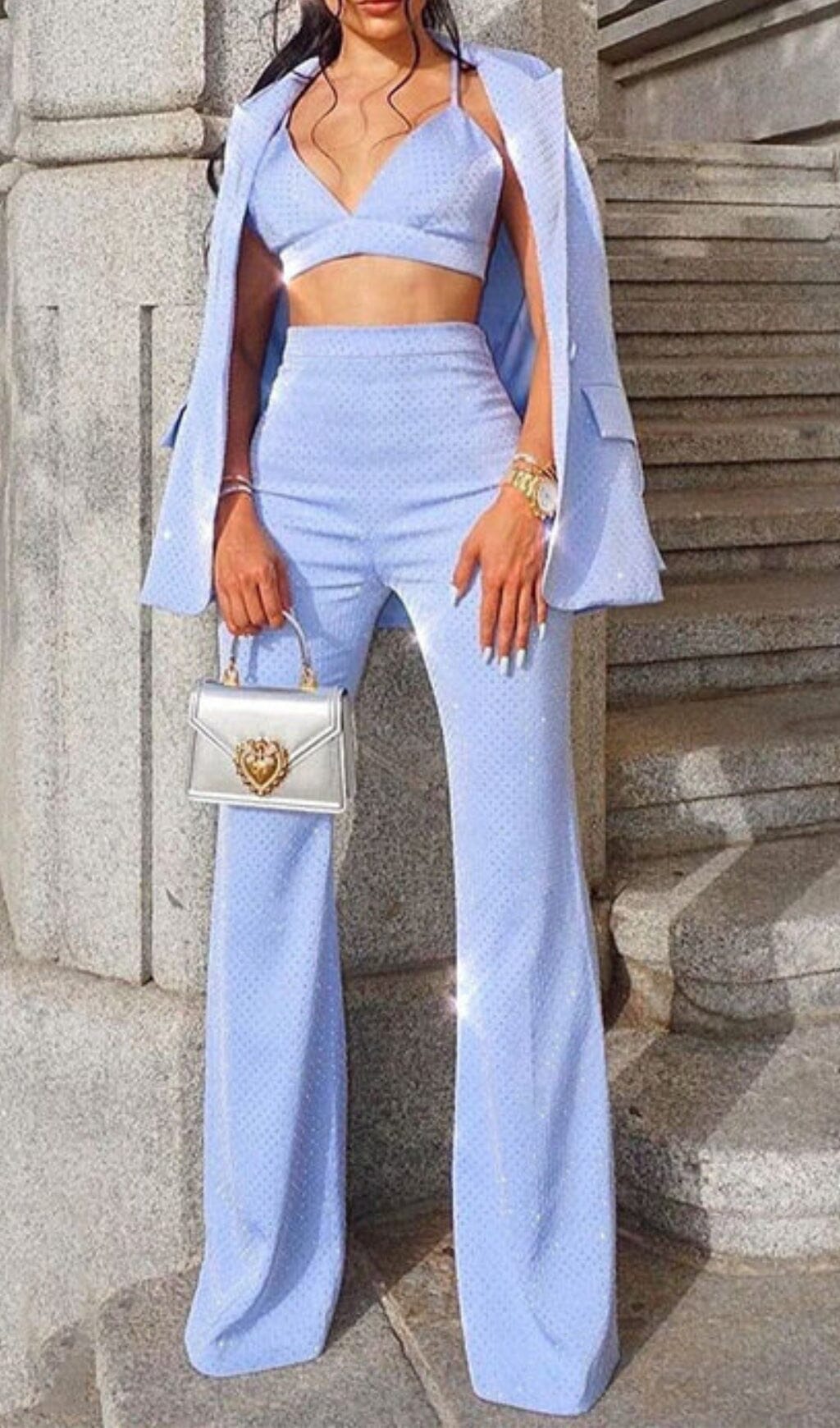Glitter Flared Three-Piece Set In Blue
