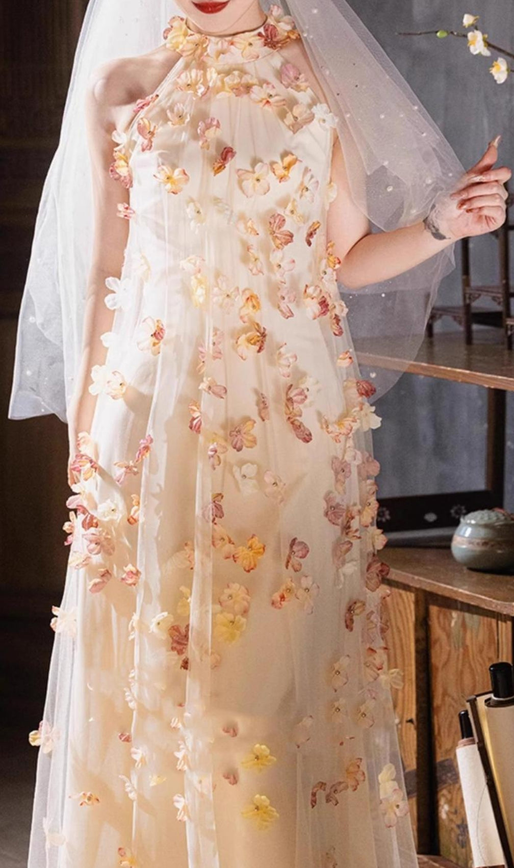 Brecken Flower Halter Mesh Maxi Dress