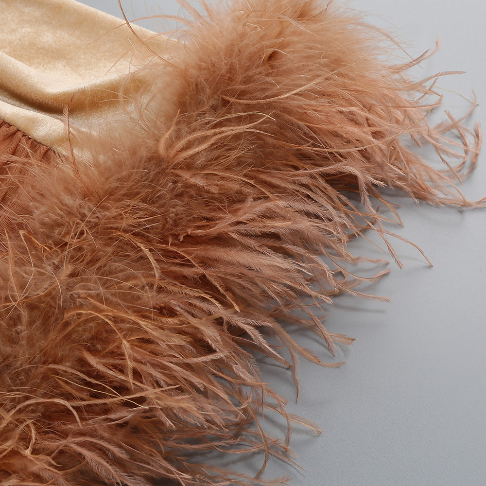 Kazuhito Glamour: Strapless Velvet Feather Mini Dress with Dazzling Diamante & Ruched Detail