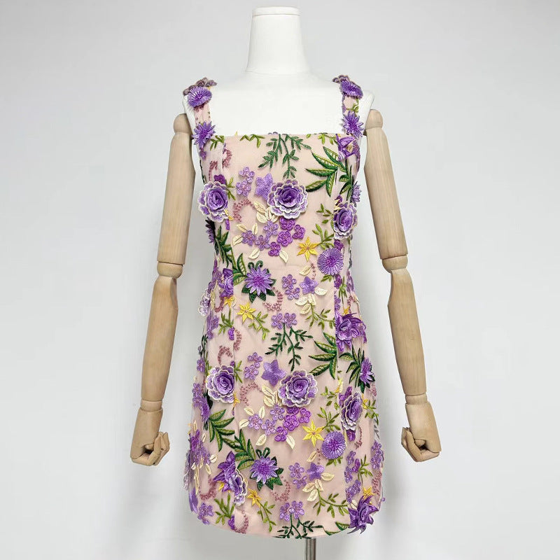 Fyodor Strappy Flower Embroidery Mini Dress