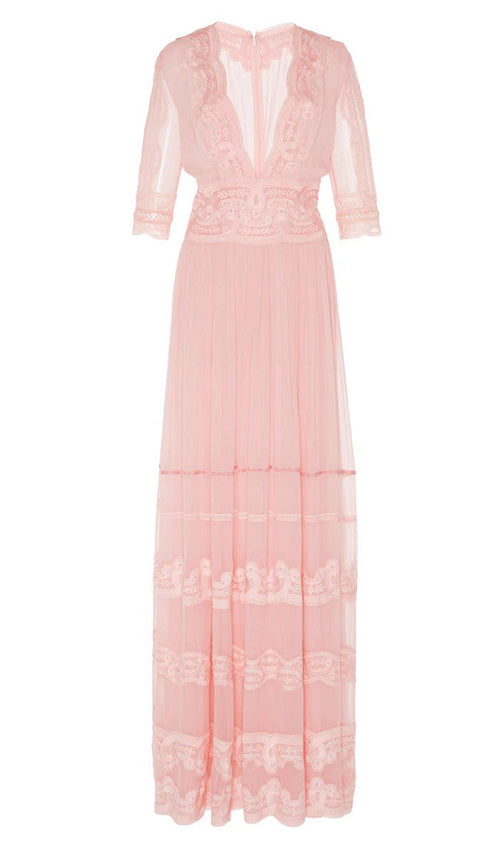 Ethereal Blush Pink Chiffon Maxi Dress | Elegant Lace-Trim V-Neck Gown