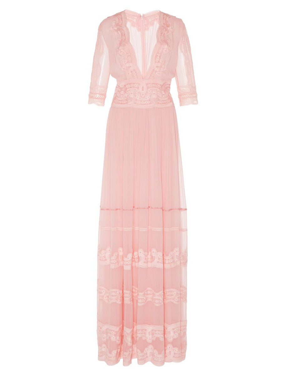 Ethereal Blush Pink Chiffon Maxi Dress | Elegant Lace-Trim V-Neck Gown
