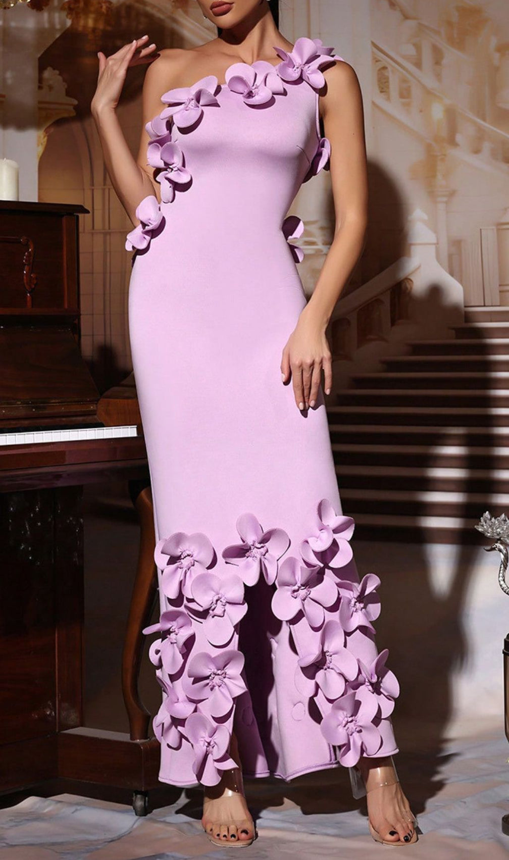 Enchanting Lavender One-Shoulder Floral Maxi Dress - 3D Appliques & High Slit