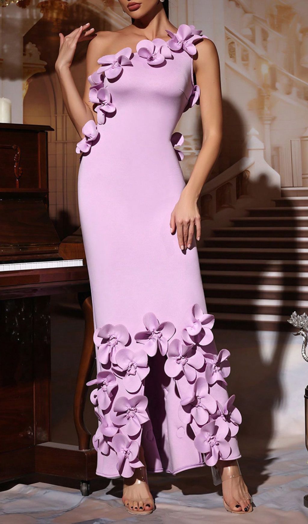 Enchanting Lavender One-Shoulder Floral Maxi Dress - 3D Appliques & High Slit